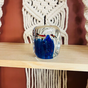 Vintage Art Glass‎ Fish Aquarium Paperweight | Blue & Clear | Cube | MCM